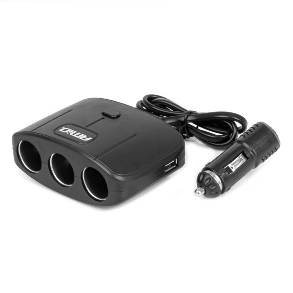 Trijų lizdų prailgintojas su įkrovikliu ir ON/OFF mygtuku 2x USB-A 12/24V 100W 70 cm AMIO-04362