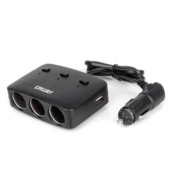 Trijų lizdų prailgintojas su įkrovikliu, ON/OFF mygtuku ir LED indikatoriumi 2x USB-A 12/24V 100W 70 cm AMIO-04363