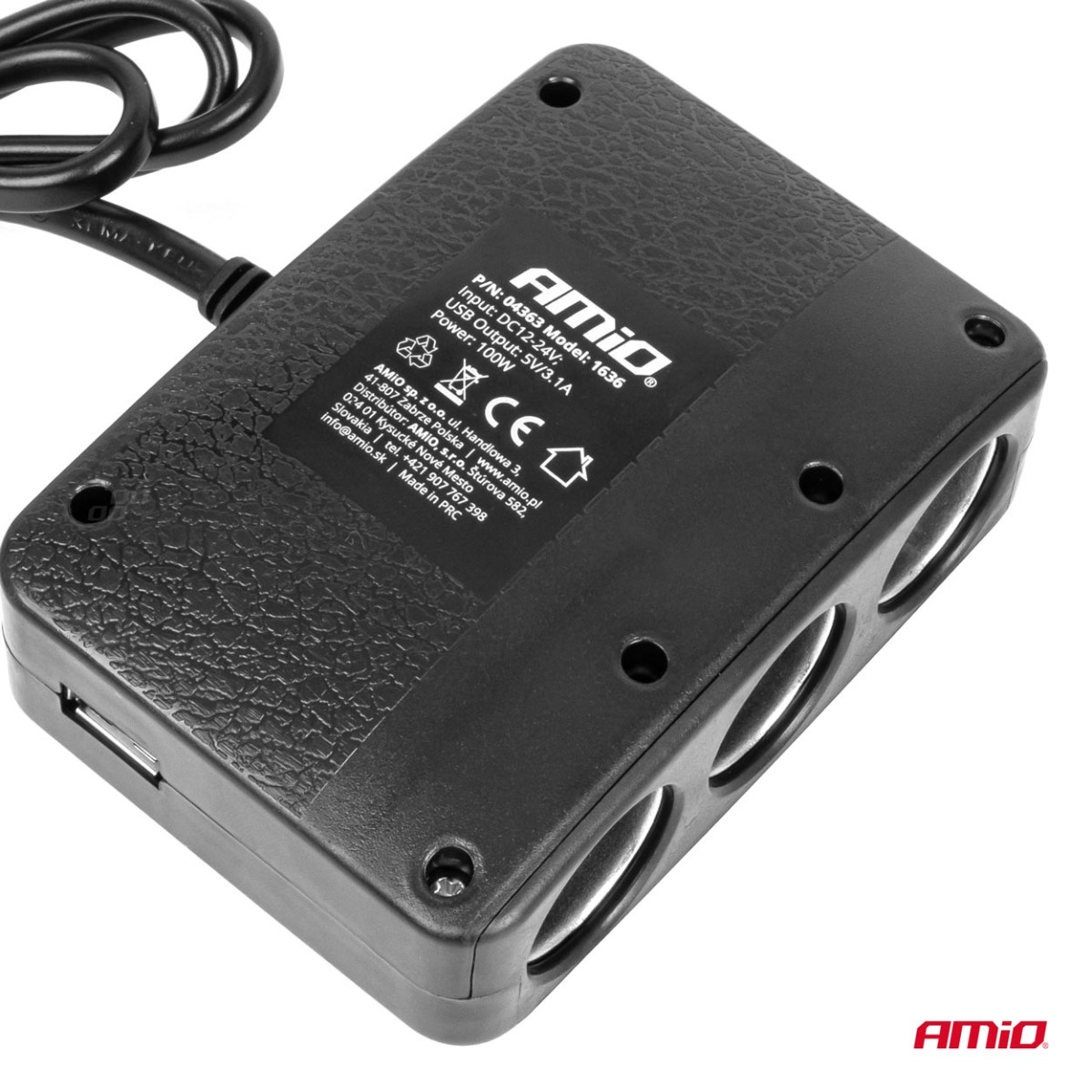 Trijų lizdų prailgintojas su įkrovikliu, ON/OFF mygtuku ir LED indikatoriumi 2x USB-A 12/24V 100W 70 cm AMIO-04363