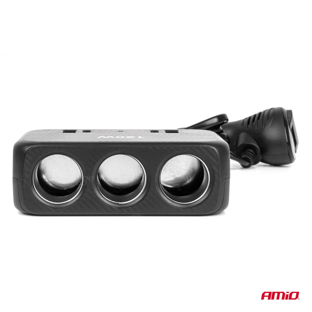 Trijų lizdų prailgintojas su įkrovikliu ir skaitmeniniu ekranu 2x USB-A + 1x USB-C QC 4.0 12/24V 120W 80 cm AMIO-04366