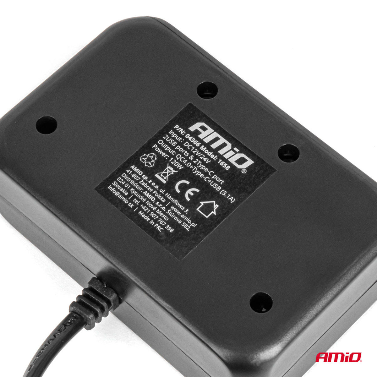 Trijų lizdų prailgintojas su įkrovikliu ir skaitmeniniu ekranu 2x USB-A + 1x USB-C QC 4.0 12/24V 120W 80 cm AMIO-04366