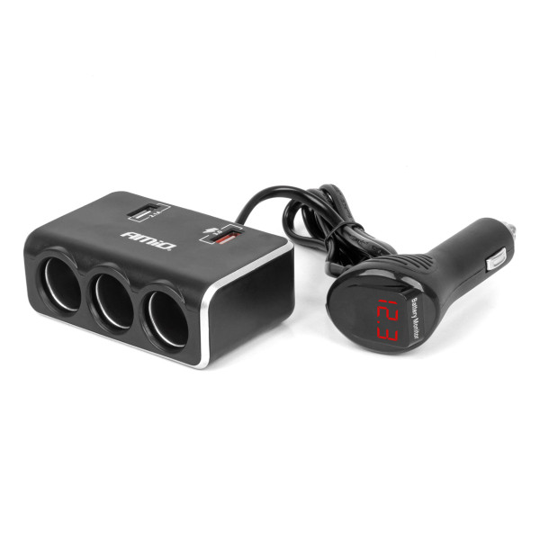 Trijų lizdų prailgintojas su įkrovikliu ir skaitmeniniu ekranu 2x USB-A QC 3.0 12/24V 120W 80 cm AMIO-04364