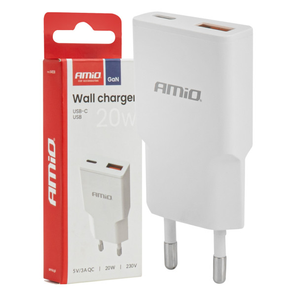 Tinklo įkroviklis 230V 20W GaN USB-C USB-A AMIO-04838