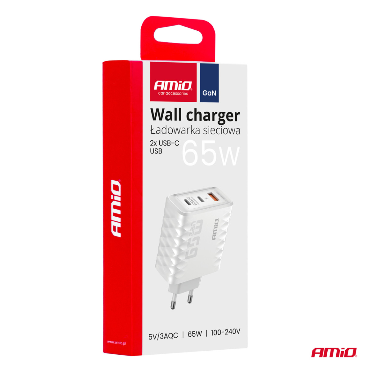 Sieninis įkroviklis 65W Quick Charge USB-A + 2x USB-C AMIO-04289