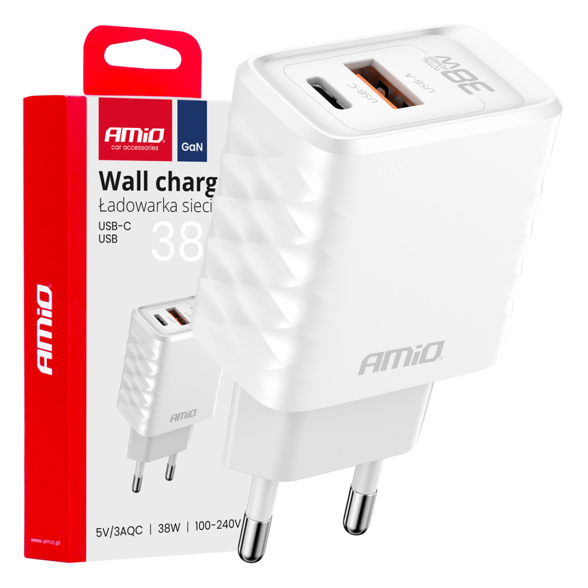 Sieninis įkroviklis Quick Charge GaN 38W USB-A + USB-C AMIO-04287