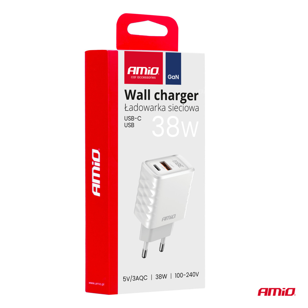 Sieninis įkroviklis Quick Charge GaN 38W USB-A + USB-C AMIO-04287