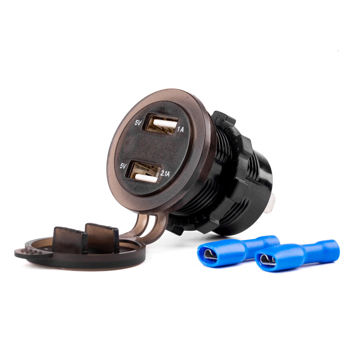 Vandeniui atsparus telefono įkroviklis su skaitmeniniu voltmetru 2xUSB 12/24V MOD-06