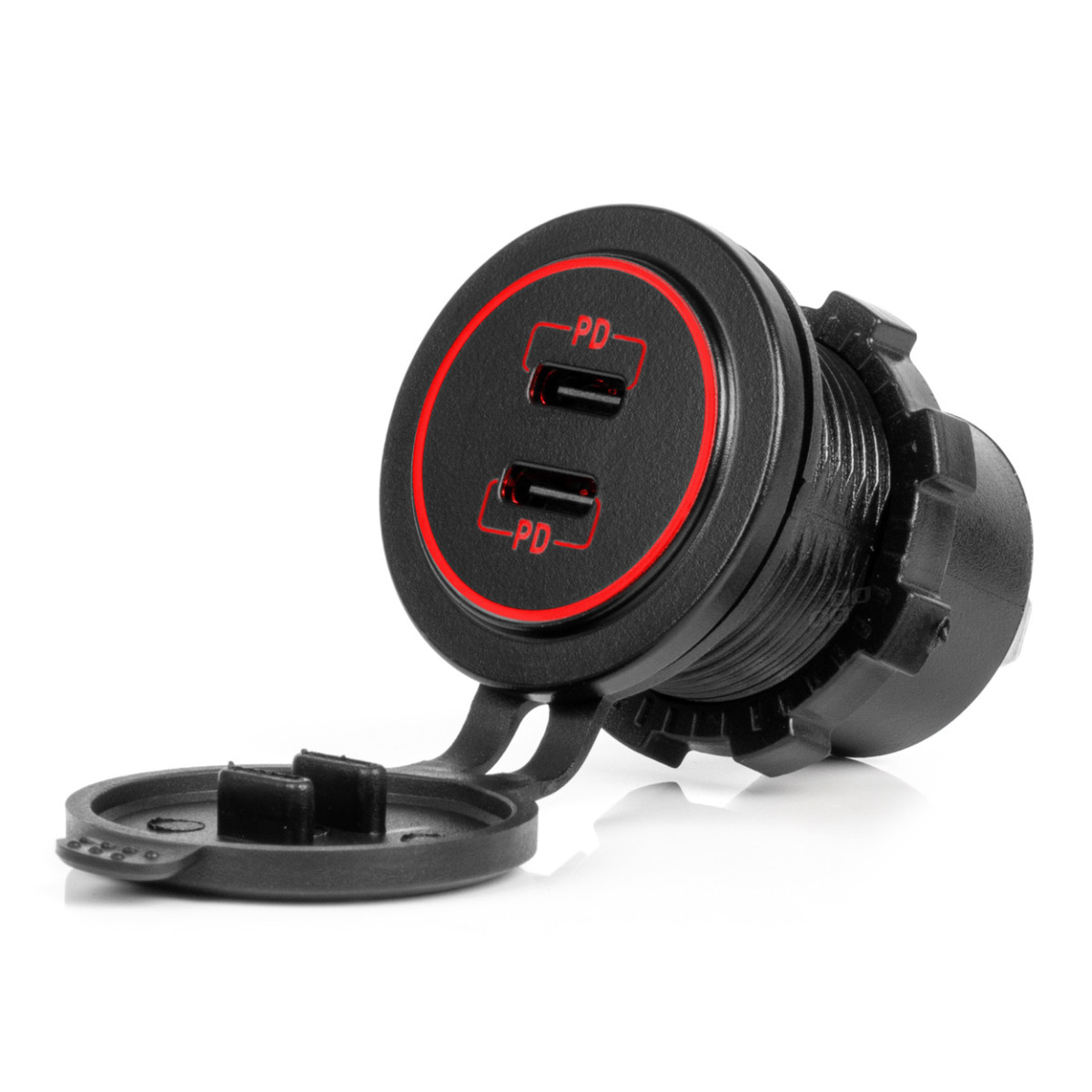 Vandeniui atsparus telefono įkroviklis su raudonu LED apšvietimu, 2xUSB-C 12/24V AMIO-04223