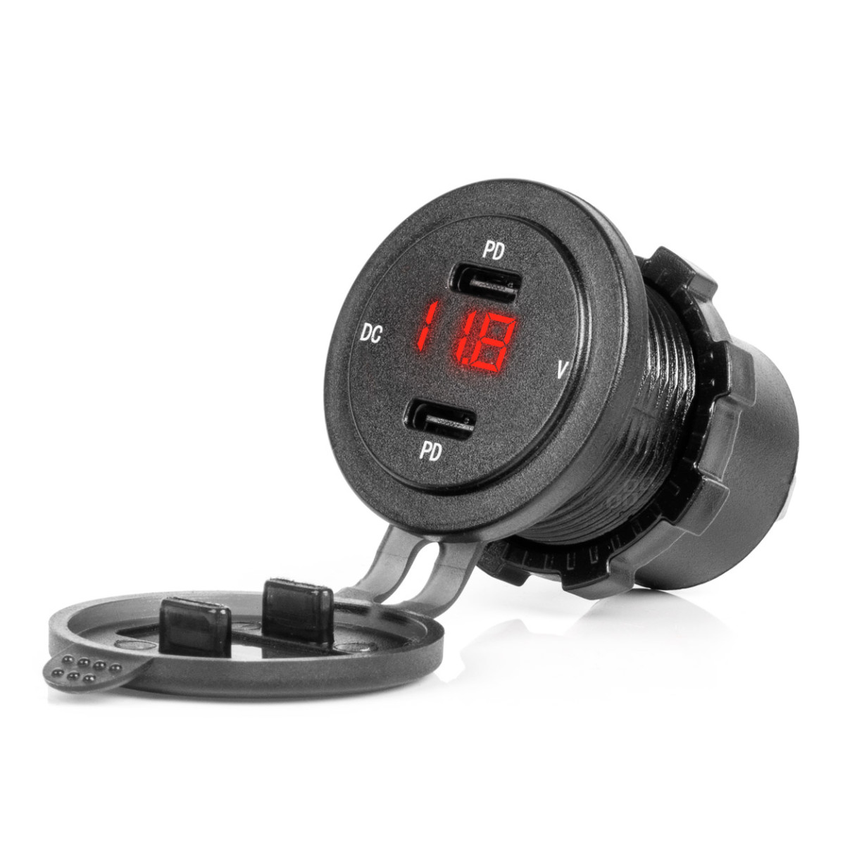 Vandeniui atsparus telefono įkroviklis su skaitmeniniu voltmetru ir raudonu LED indikatoriumi, 2xUSB-C 12/24V AMIO-04225