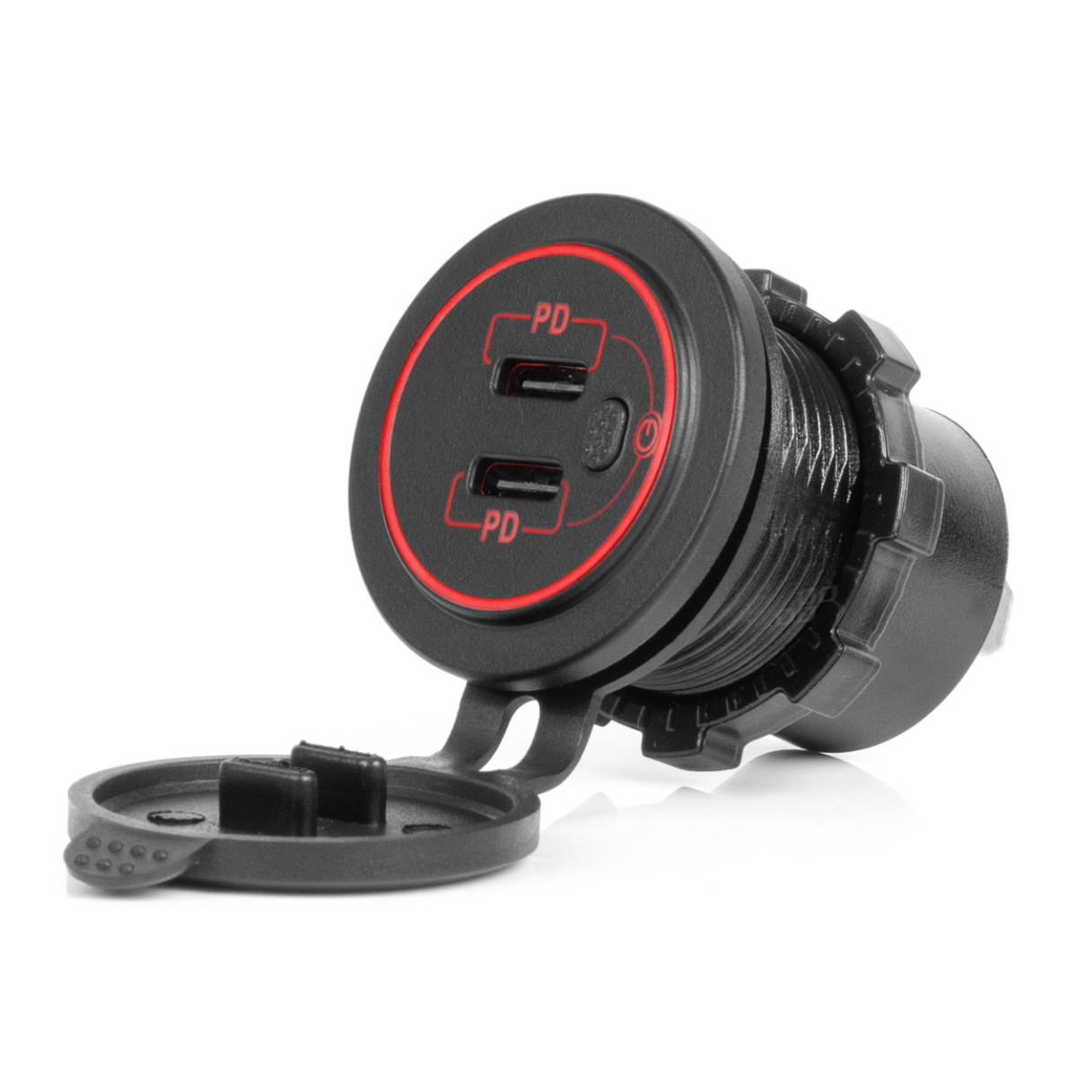 Vandeniui atsparus telefono įkroviklis su jungikliu ir raudonu LED pašvietimu, 2xUSB-C 12/24V AMIO-04224