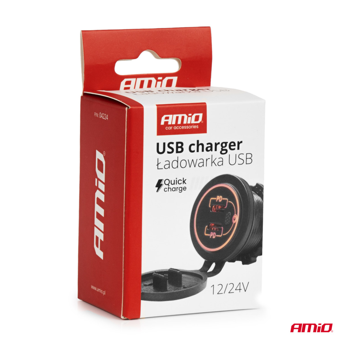 Vandeniui atsparus telefono įkroviklis su jungikliu ir raudonu LED pašvietimu, 2xUSB-C 12/24V AMIO-04224