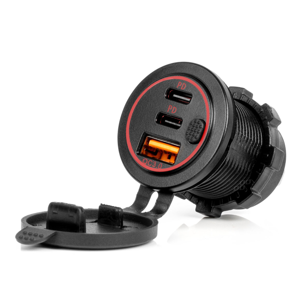 Vandeniui atsparus telefono įkroviklis su raudonu LED apšvietimu, USB + 2xUSB C QC3.0 12/24V AMIO-04227