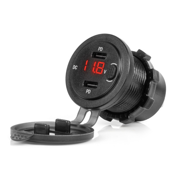 Vandeniui atsparus telefono įkroviklis su jungikliu ir skaitmeniniu voltmetru, 2x USB-C 12/24V AMIO-04226