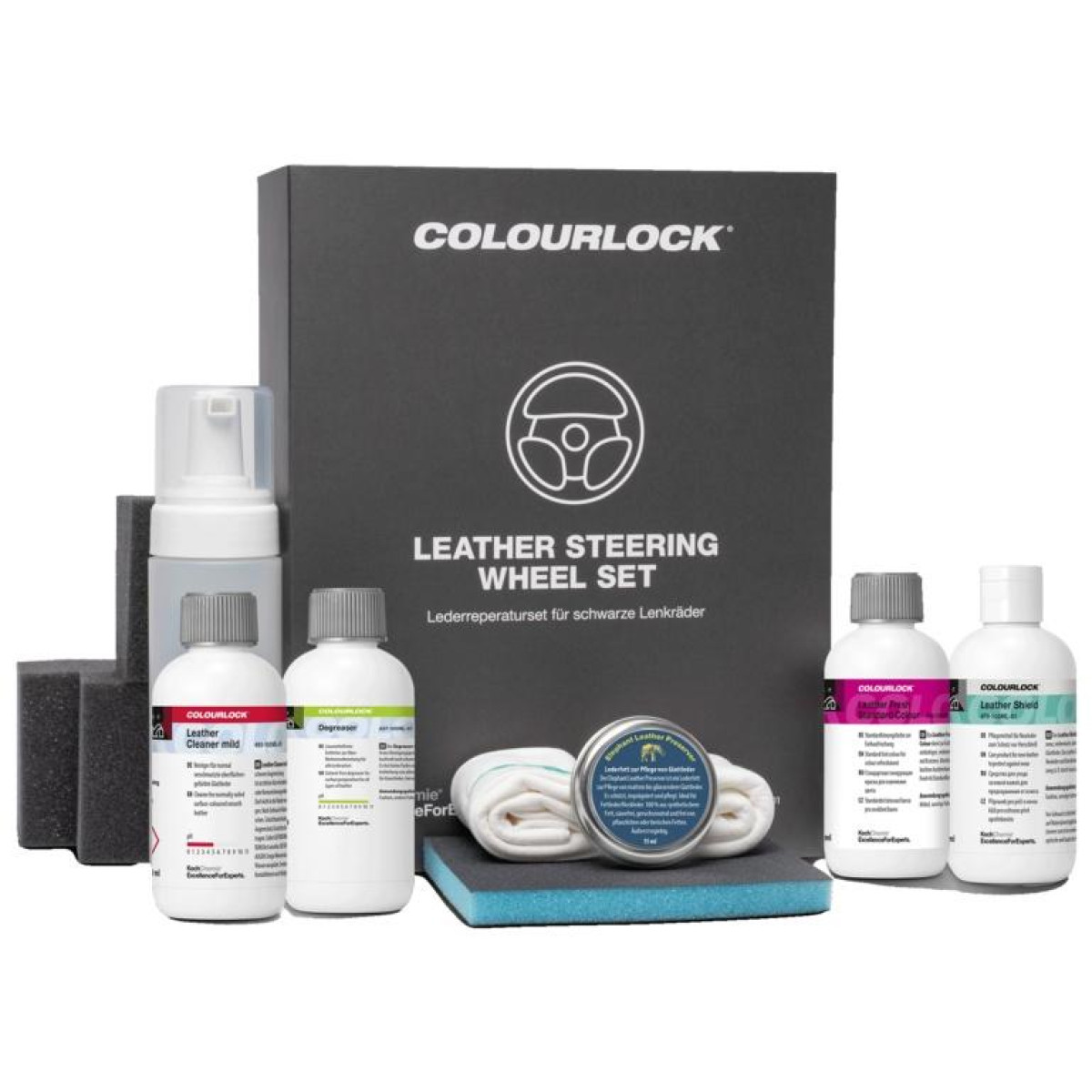 KOCH CHEMIE COLOURLOCK Leather Steering Wheel Set, juodo odinio vairo atnaujinimo rinkinys